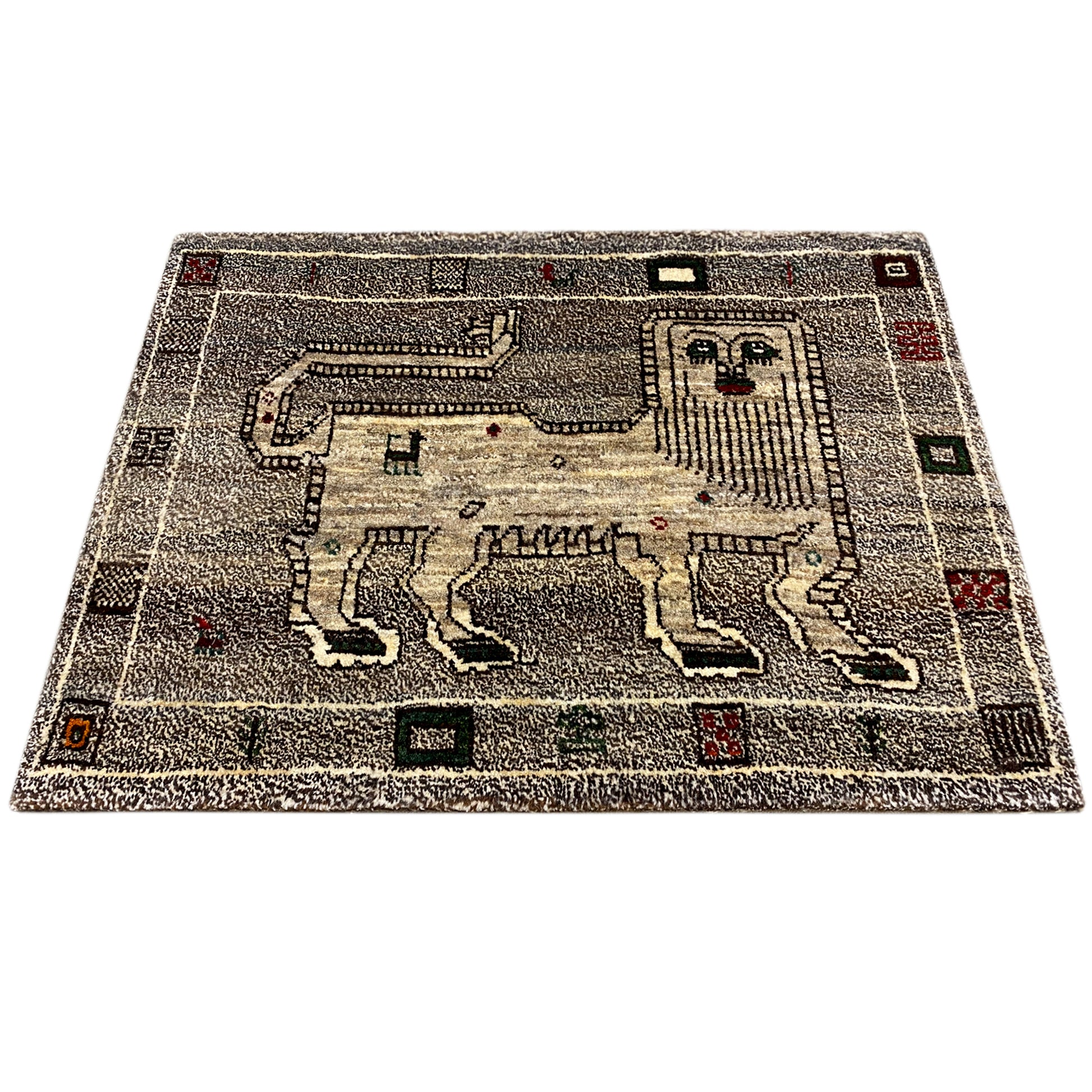 Grauer Löwen Gabbeh Teppich 94x64 cm - German Carpet Shop