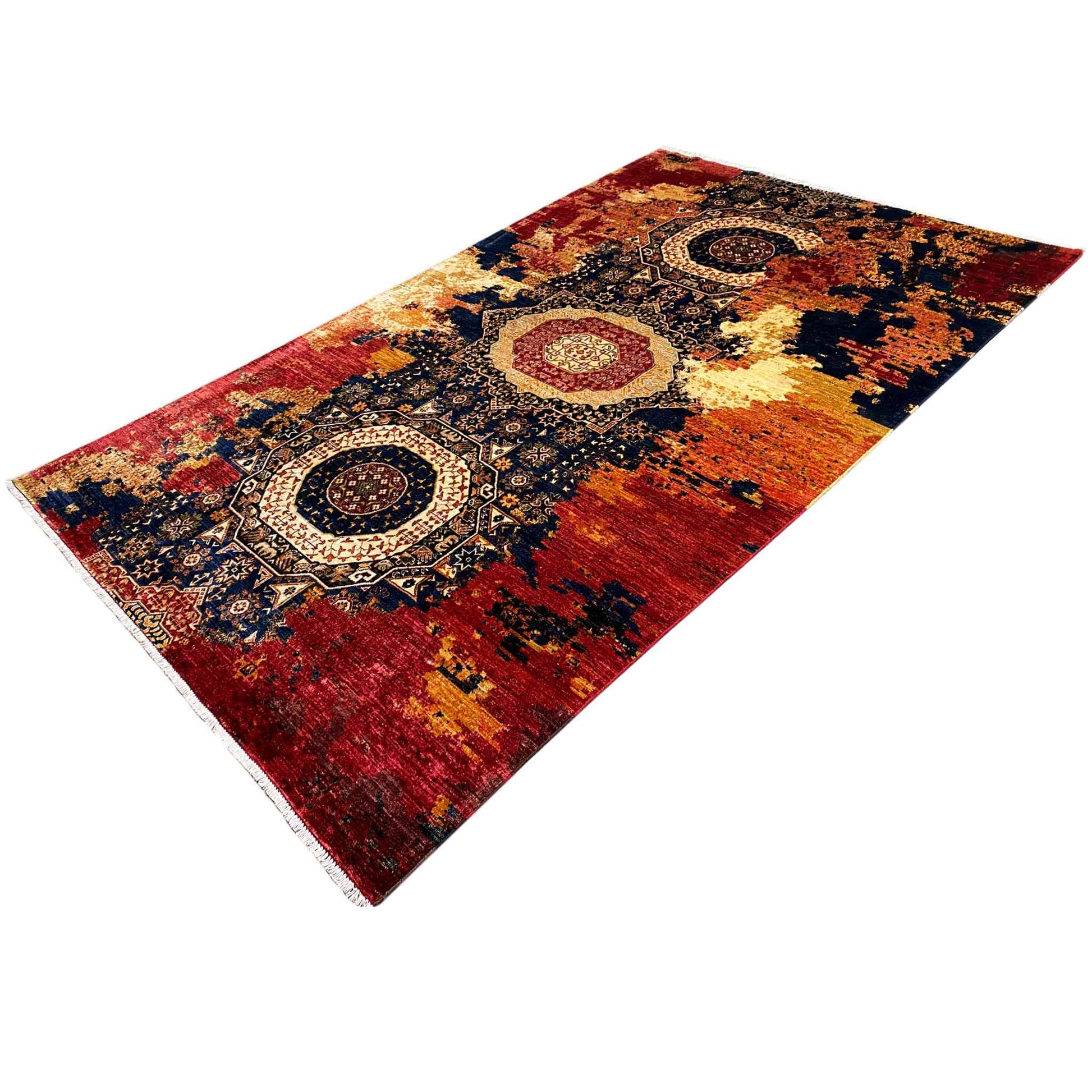 Mamluk Handgeknüpfter Wollteppich Rot Beige 312x202 cm - German Carpet Shop