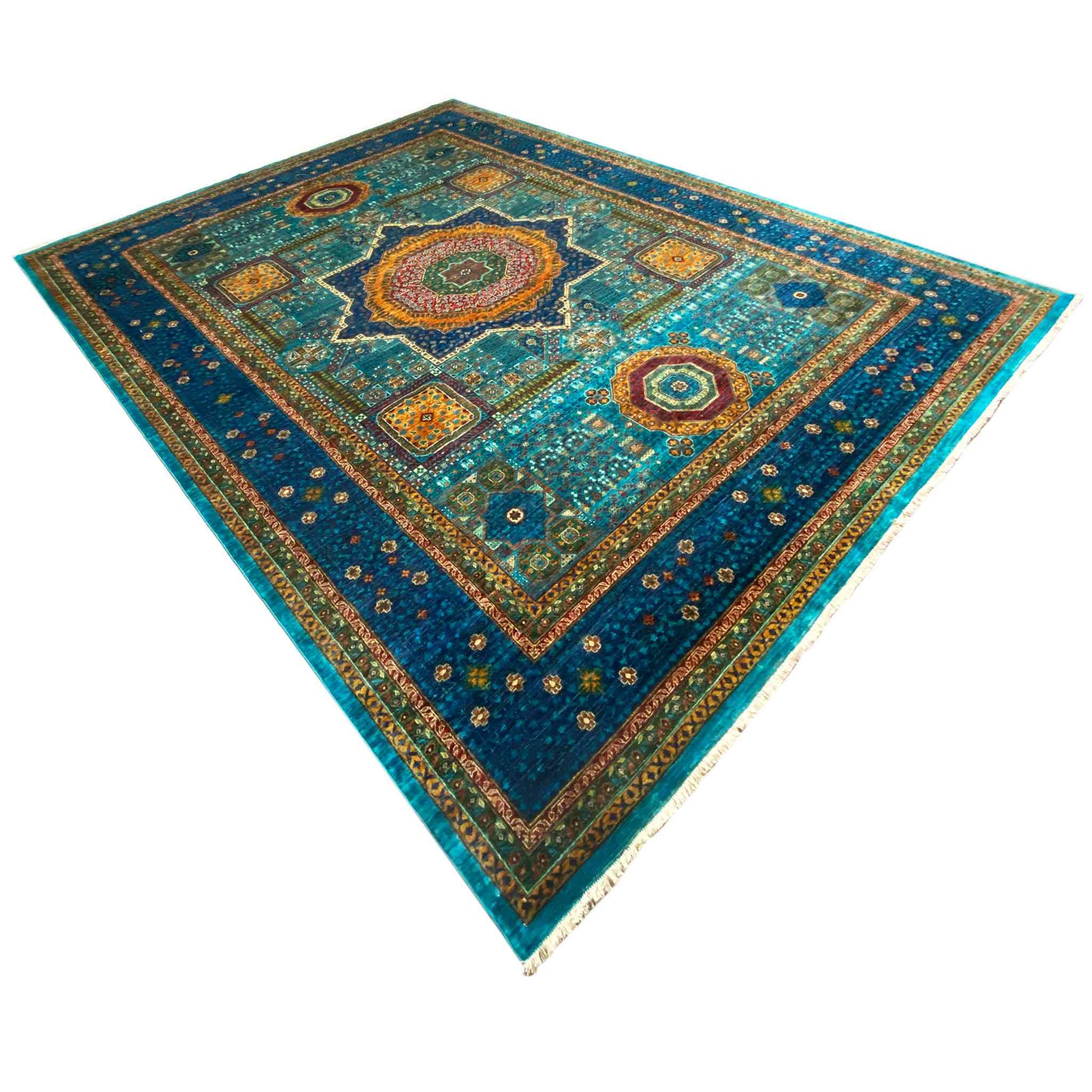 Afghanischer Mamluk Handgeknüpfter Teppich Blau 353x277 cm - German Carpet Shop