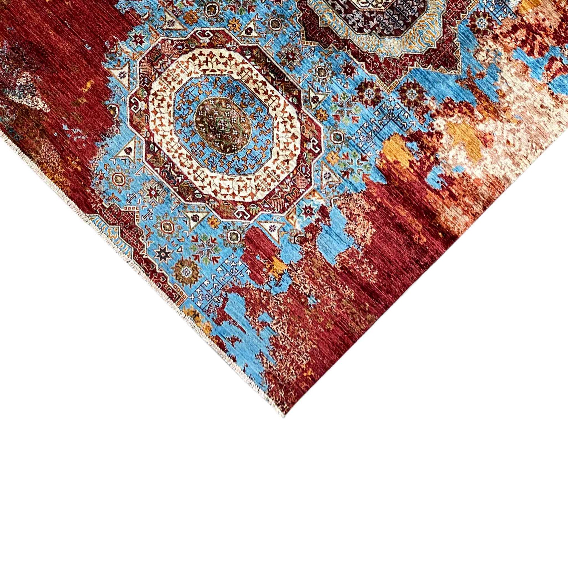Afghanischer Mamluk Handgeknüpfter Teppich Rot Türkis 293x204 cm - German Carpet Shop