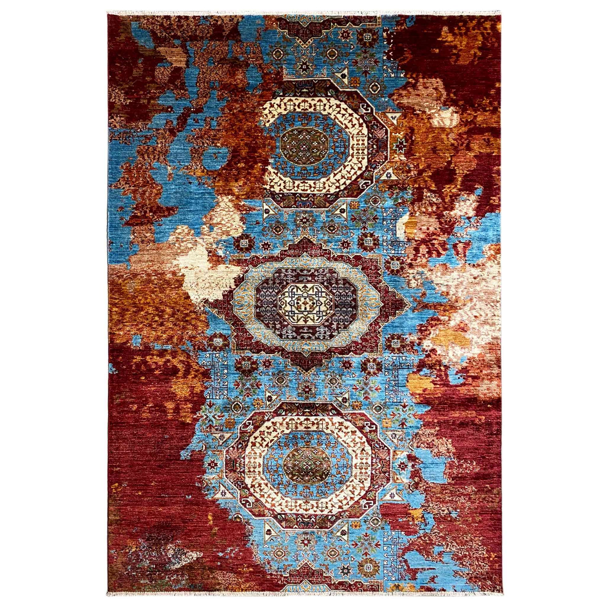 Afghanischer Mamluk Handgeknüpfter Teppich Rot Türkis 293x204 cm - German Carpet Shop