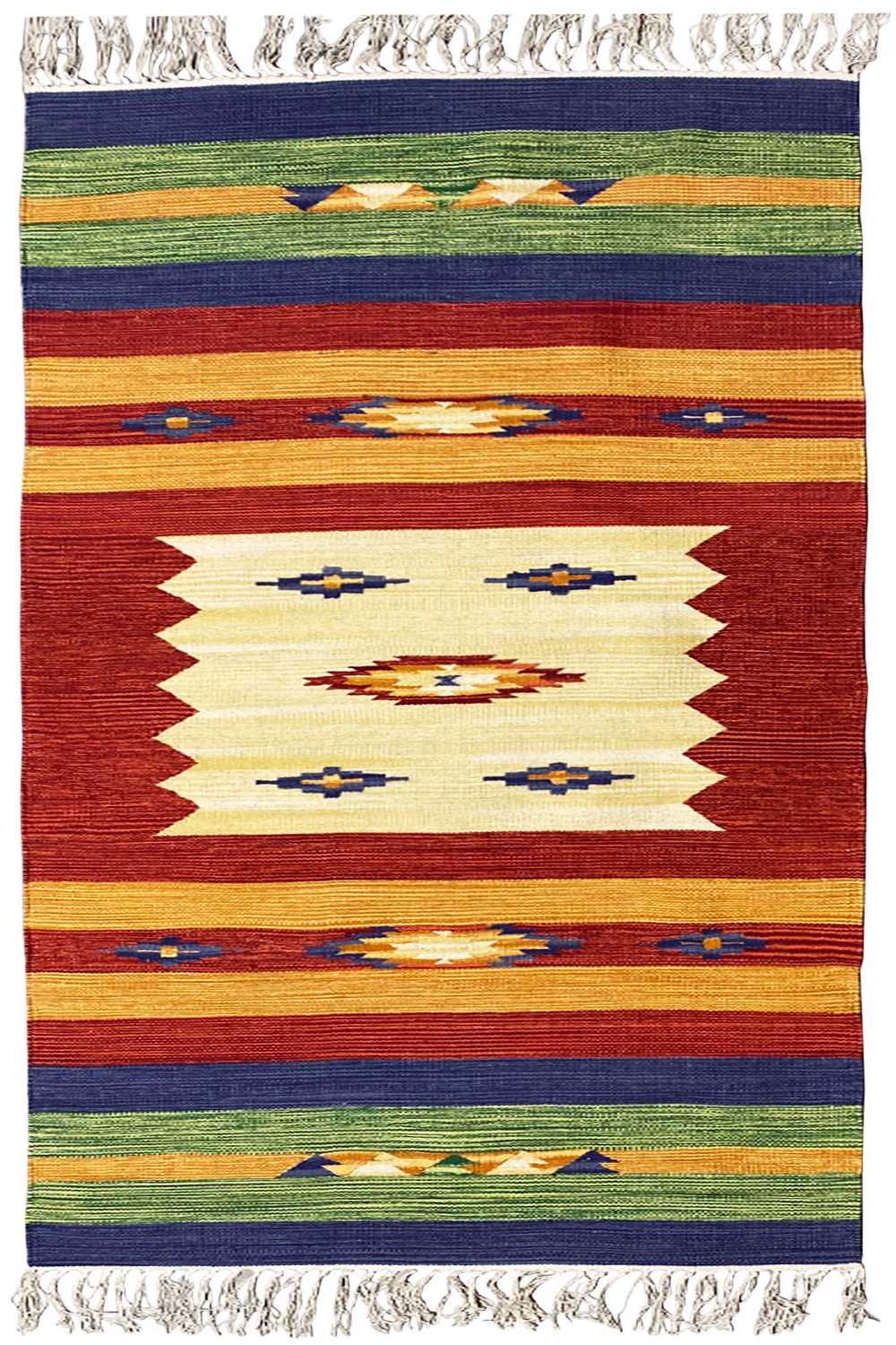 Kelim-Teppich mit zentralem Ornamen und breiten Streifen in Blau, Grün, Rot, mit Fransen
