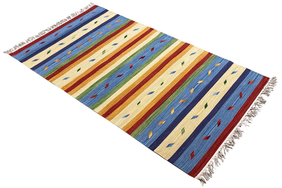 Kelim-Teppich mit diagonaler Ansicht, mehrfarbige Streifen und geometrische Details
