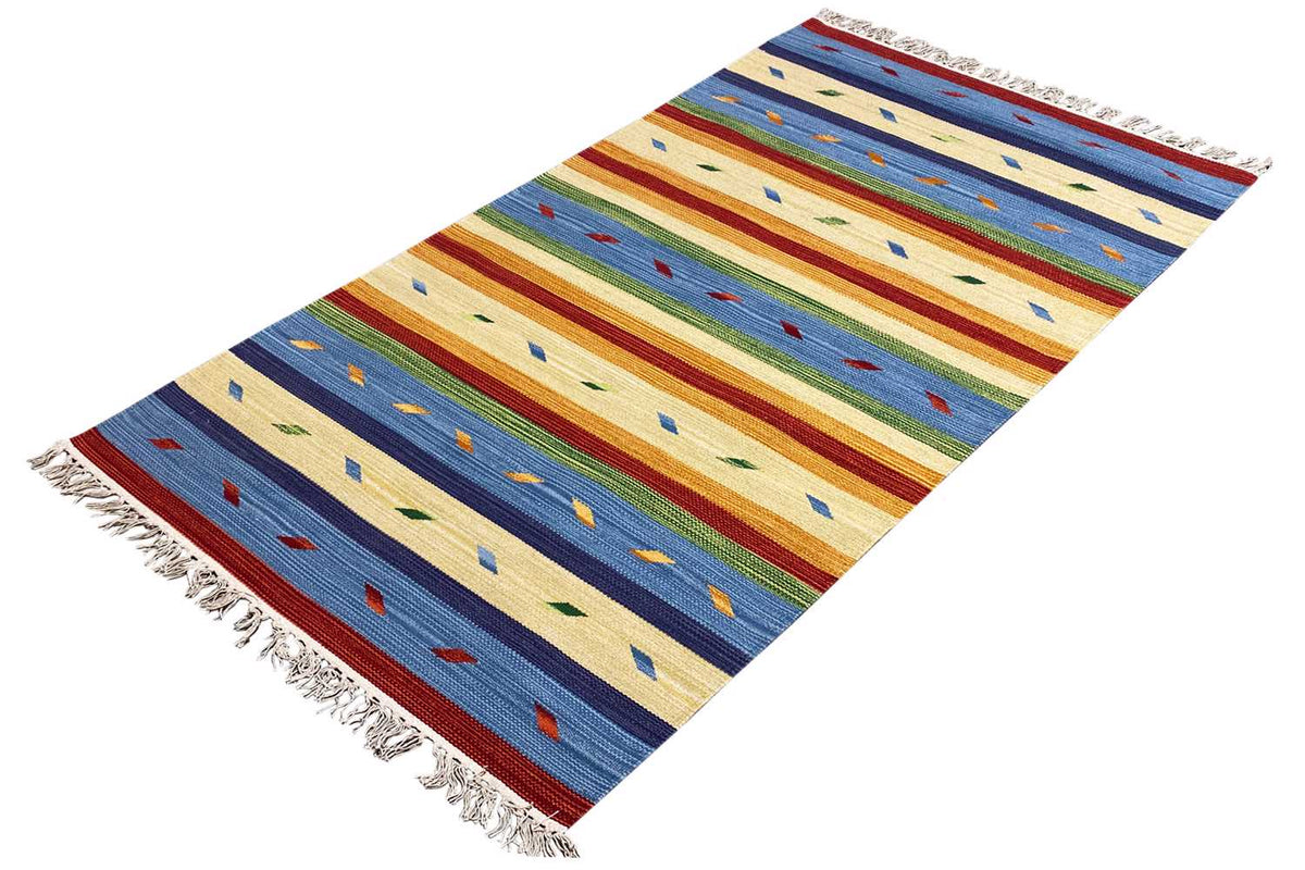 Kelim-Teppich, bunt gestreiftes Design mit Fransen, geometrische Ornamente