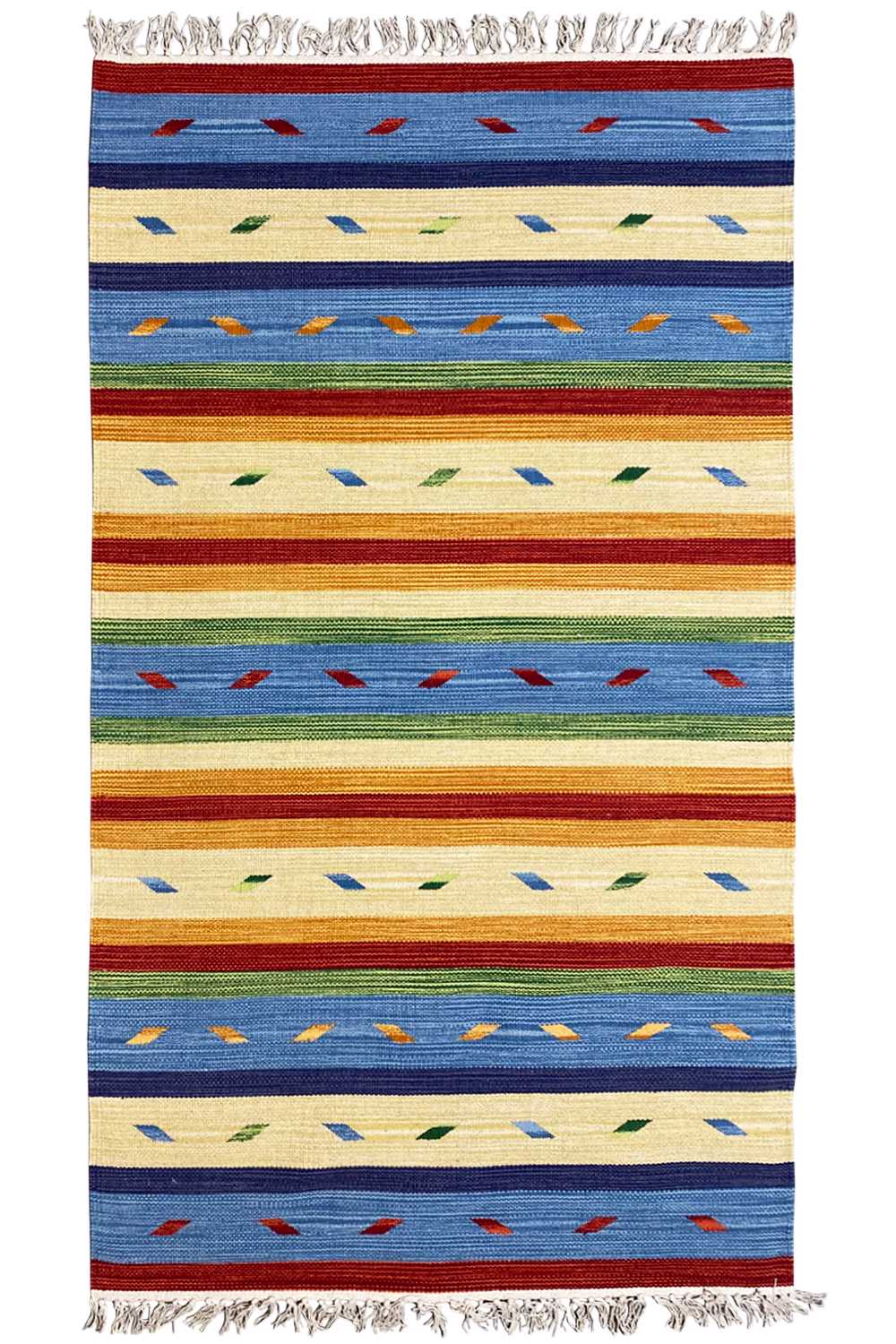 Kelim-Teppich mit Fransen, mehrfarbige Streifen und geometrischen Mustern