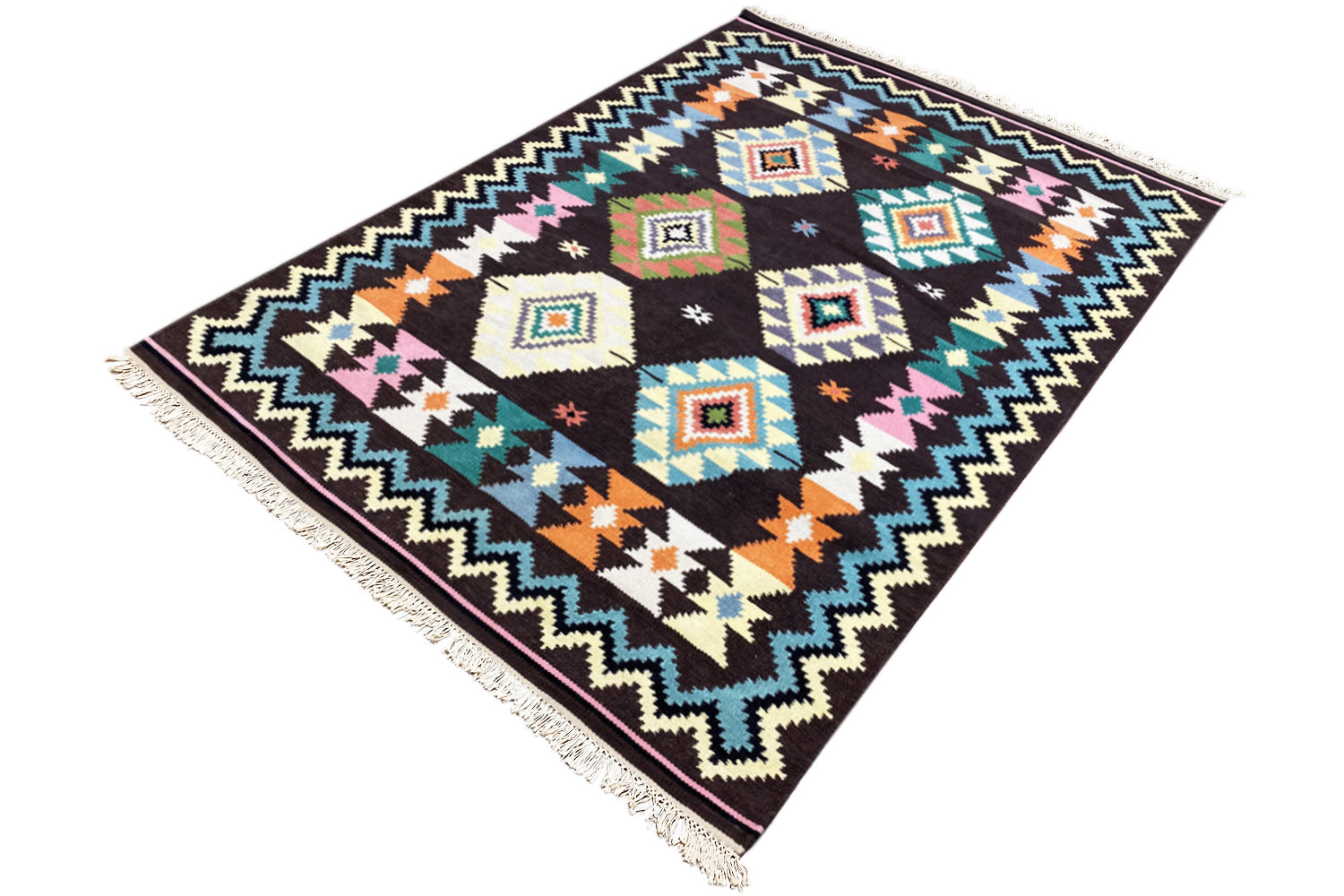 Handgewebter Wollen Kelim Dhurrie Teppich - 240x170cm (8x6ft) - Lebhaftes Tribal-Muster - German Carpet Shop