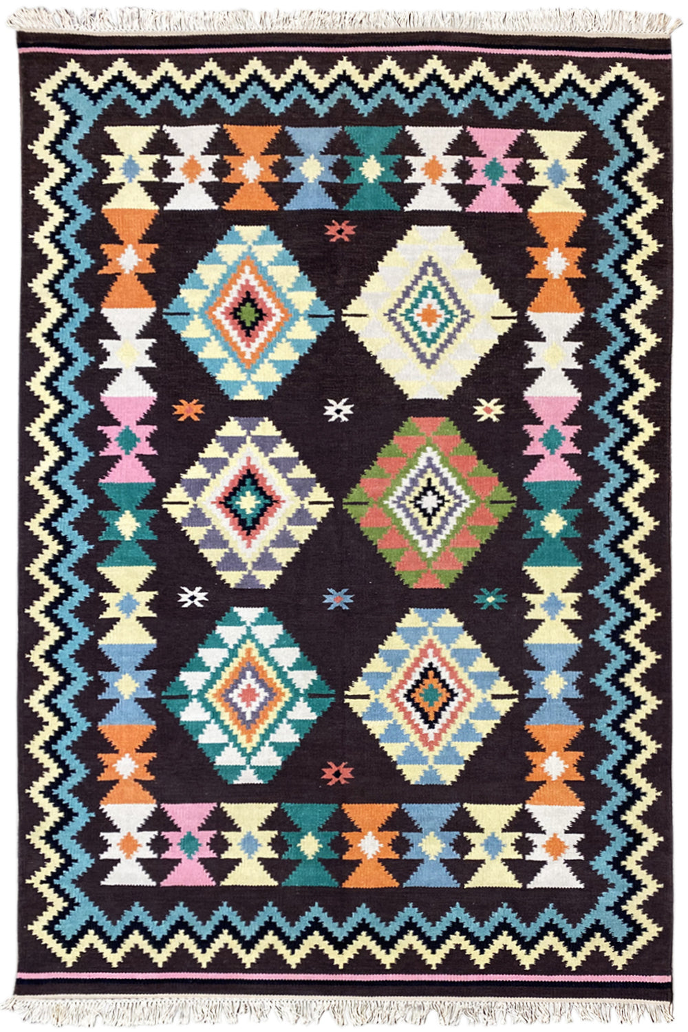 Handgewebter Wollen Kelim Dhurrie Teppich - 240x170cm (8x6ft) - Lebhaftes Tribal-Muster - German Carpet Shop