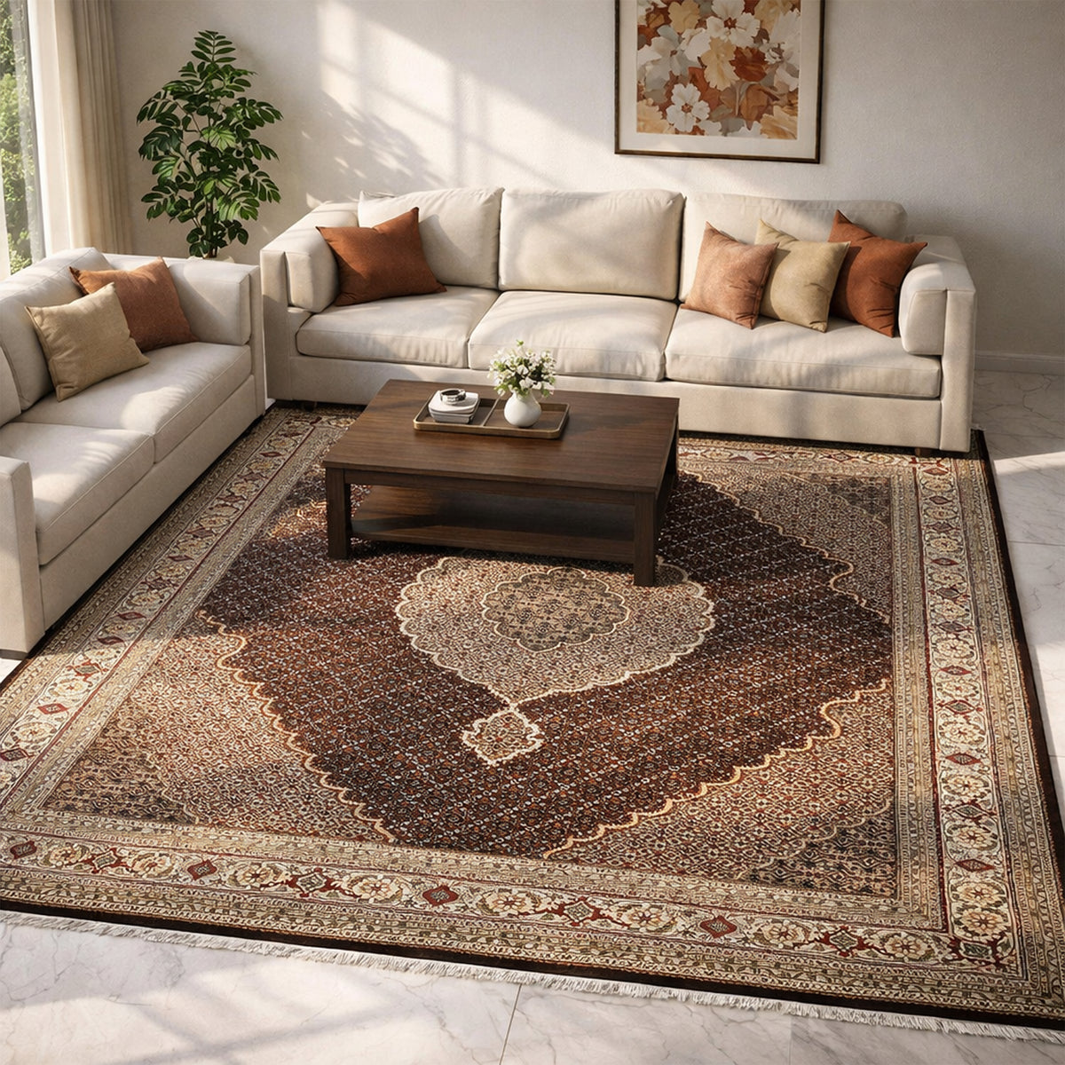 Teppichfläche in Dunkelbraun mit großem Medaillon in Creme und dekorativem Rand