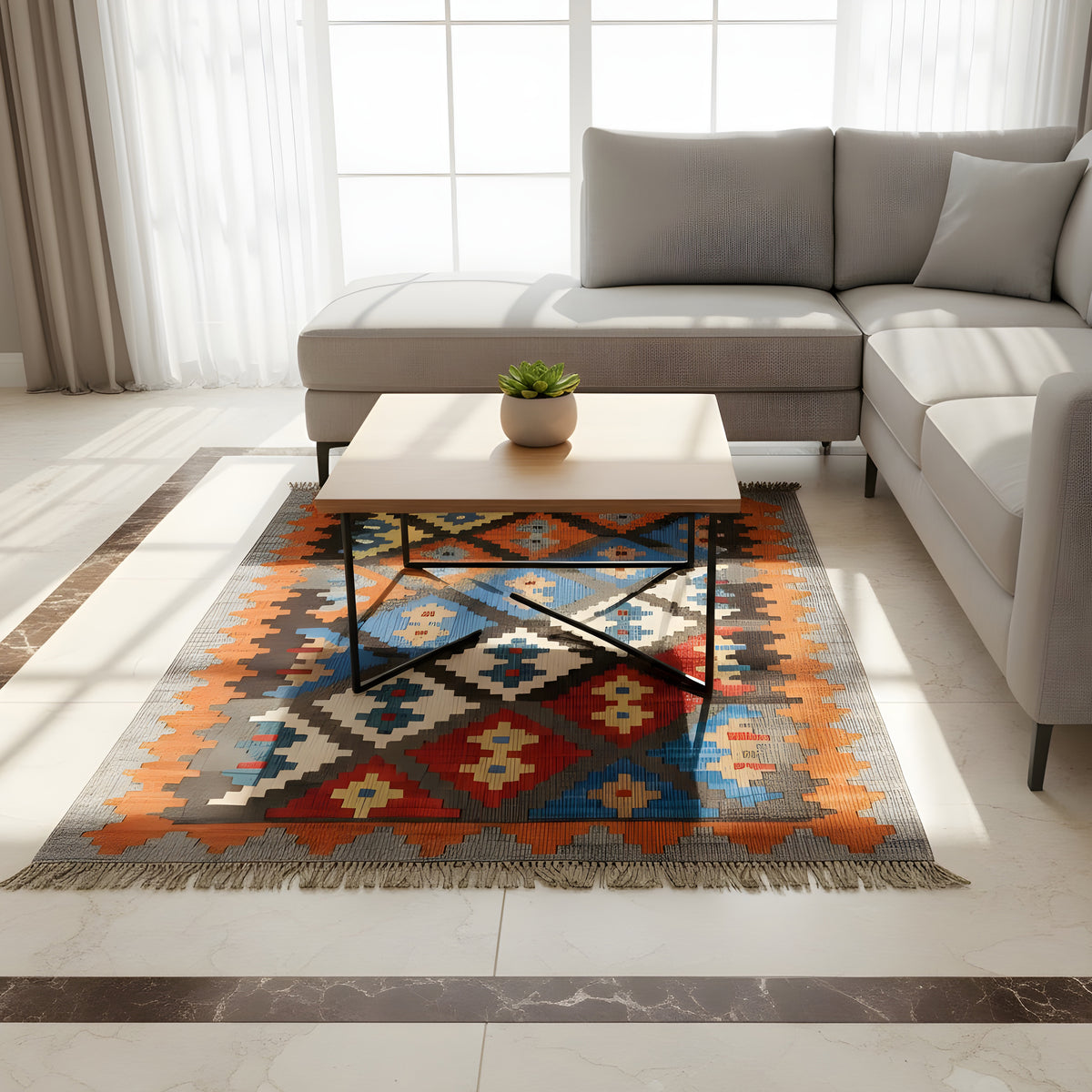 Kelim-Teppich mit geometrischem Muster, grauer Grund, orange und blaue Farbflächen im Wohnbereich