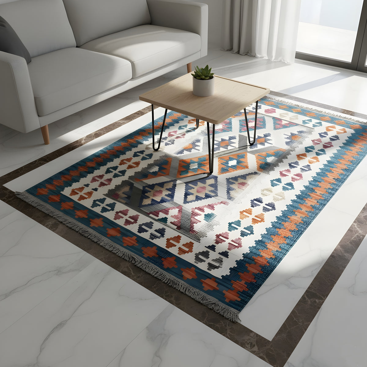 Kelim-Teppich im Wohnbereich mit geometrischen Mustern in Blau, Orange und Creme, Fransen