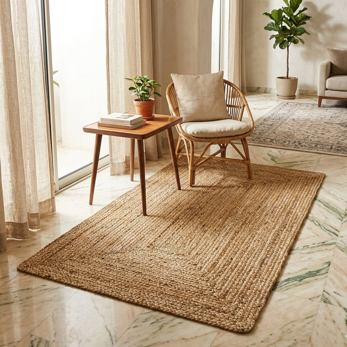 Beiger Jute-Teppich, rechteckig, grob gewebte Struktur, ca. 60x110 cm