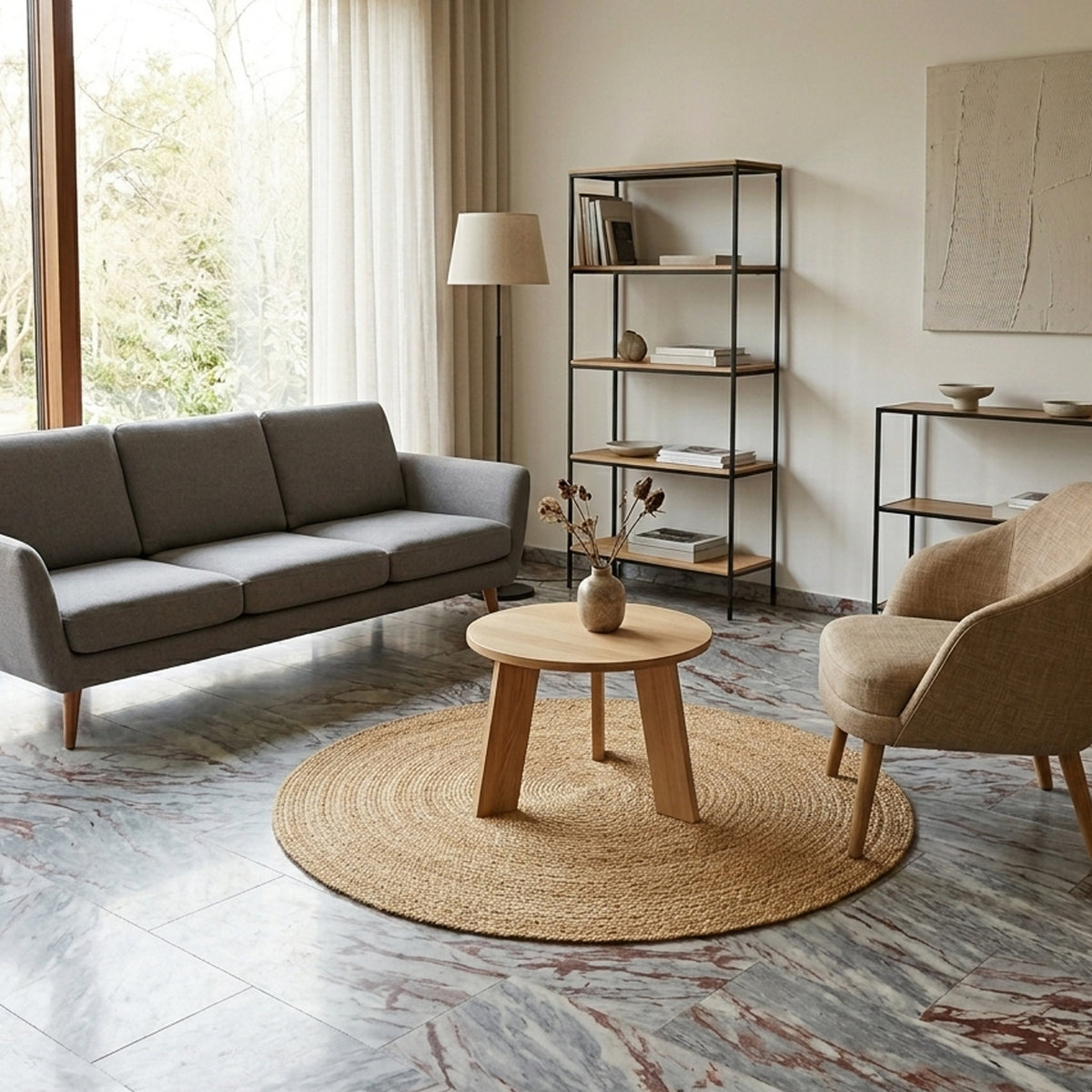 Runder Jute-Teppich, beige, handgewebt, im Wohnzimmer auf dem Boden