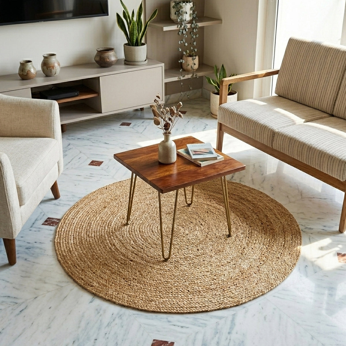 Runder Jute Teppich, naturfarben, geflochten, 80x80 cm