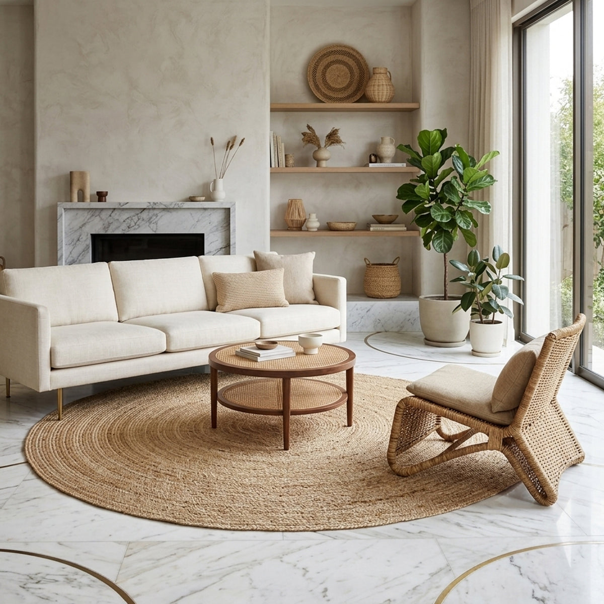 Jute-Teppich (170x170 cm) in Naturfarbe mit grober gewebter Struktur