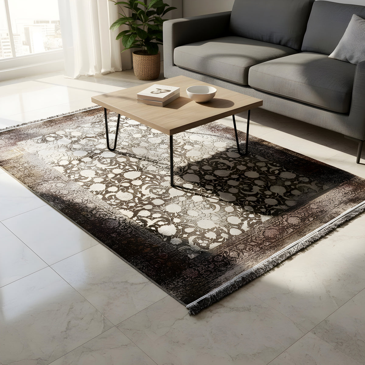 Velours-Teppich 170x240 cm mit Ornamentbordüre und Fransen, dunkler Grund