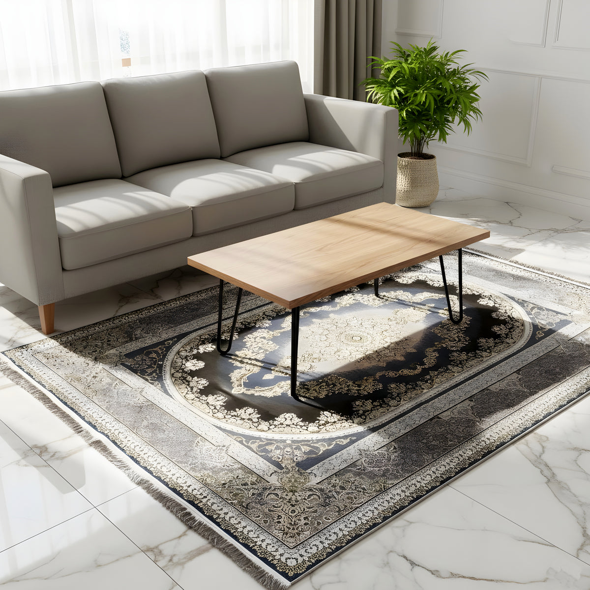 Teppich 170x240 cm im Wohnbereich: dunkelblau mit goldenen Barockornamenten und Kanten