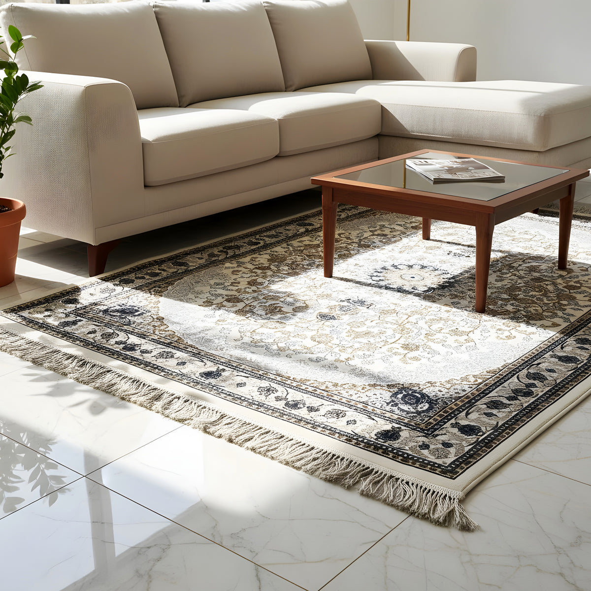 Orient-Teppich rechteckig, creme/gold & dunkelblau, zentrales Medaillon, Fransen