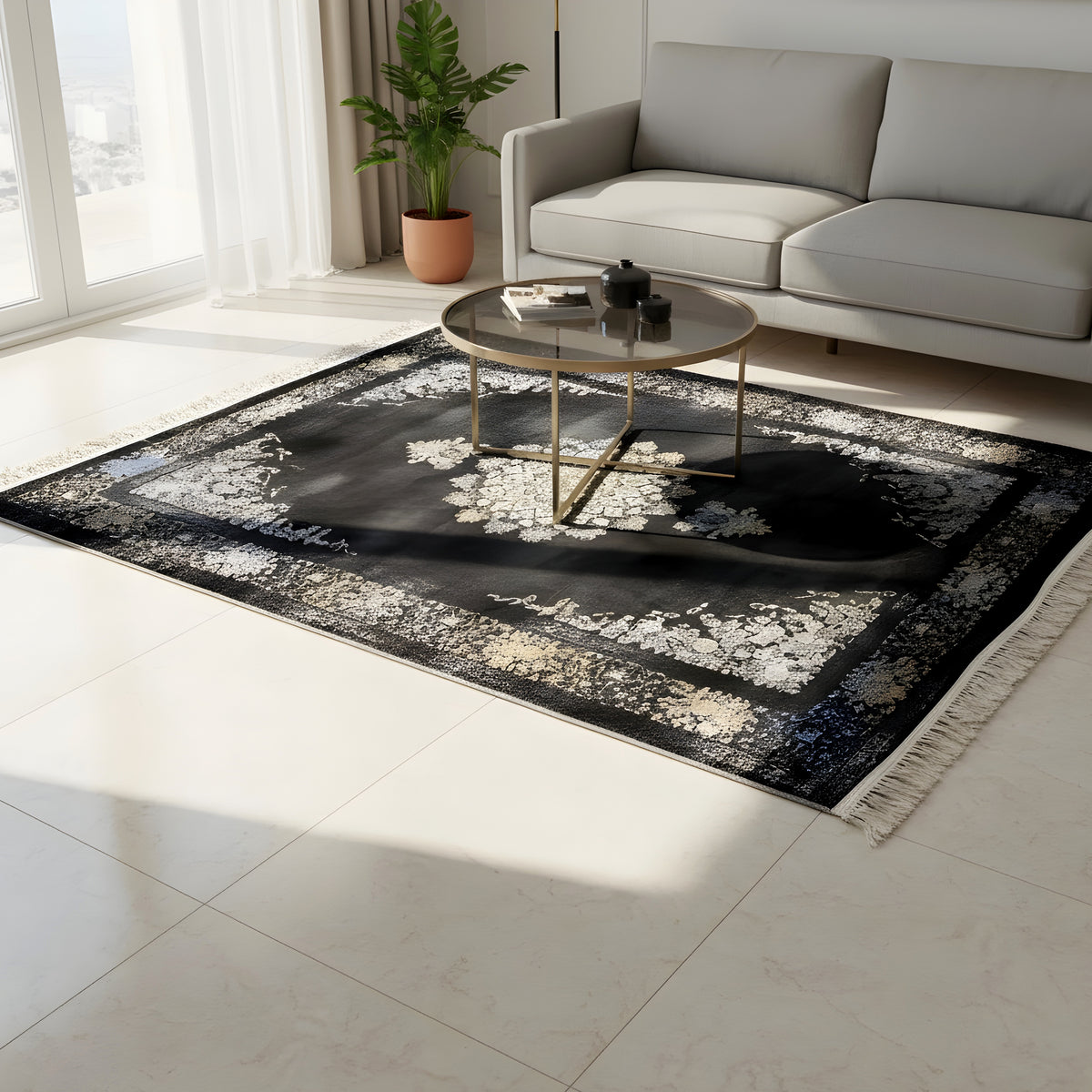 Schwarzer Teppich 160x230 mit Geo-Medaillon, Creme-Blau-Gold und Fransen