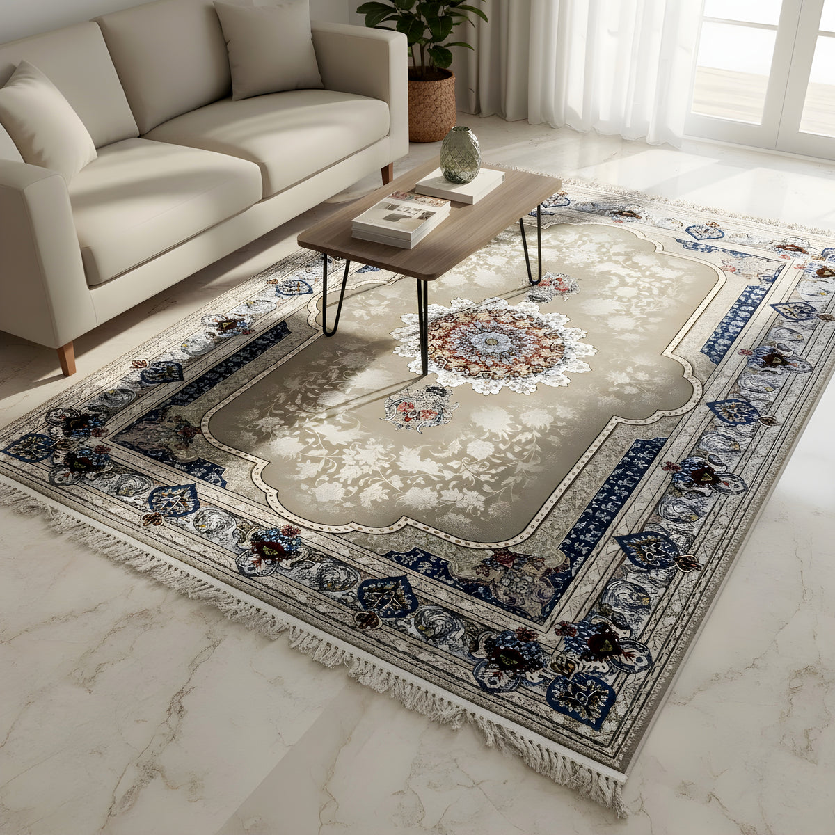 Großflächiger beiger Teppich 170x240 cm mit blauem Rahmen und buntem Medaillon