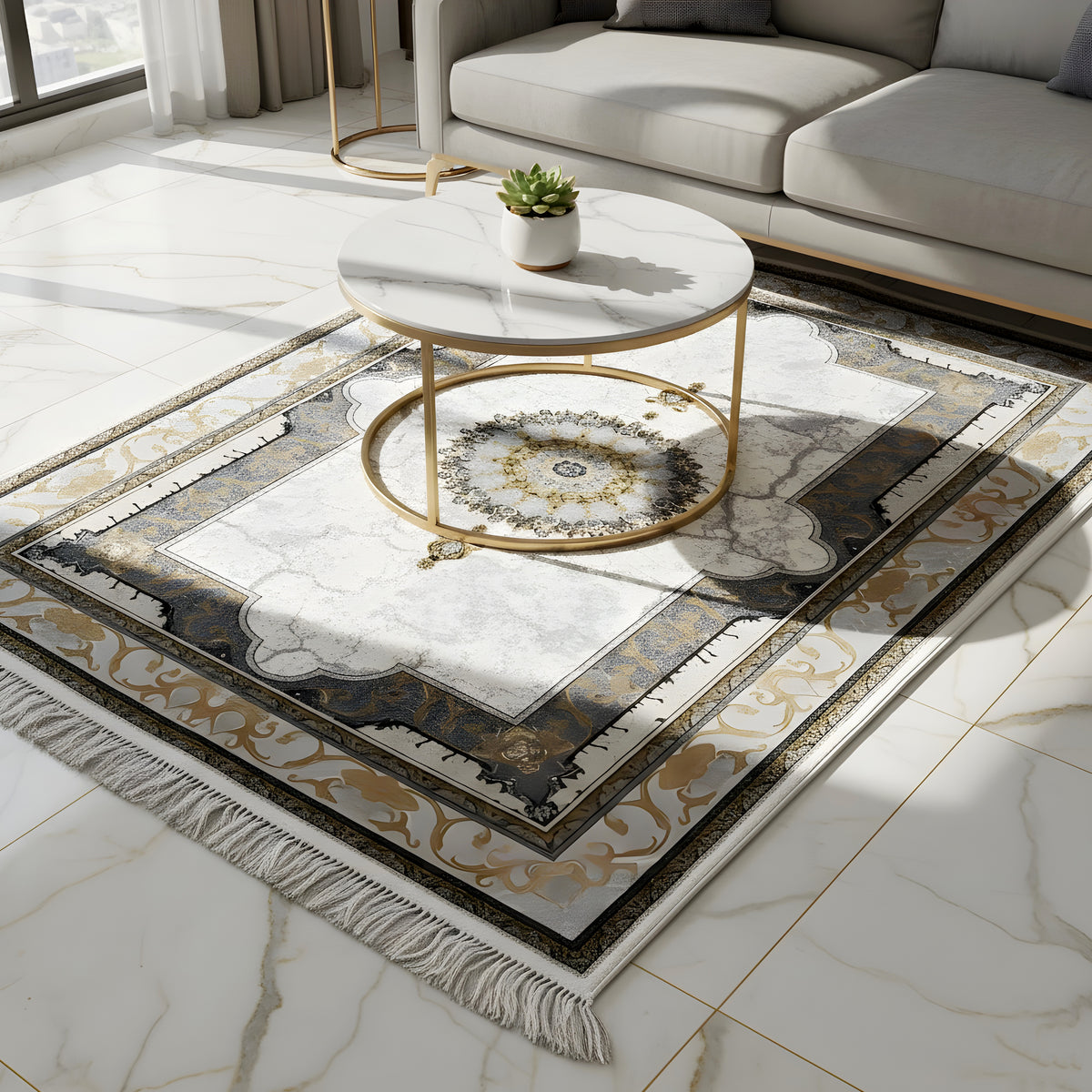 Teppich mit cremefarbenem Ornament-Design, breiter Bordüre und langen Fransen