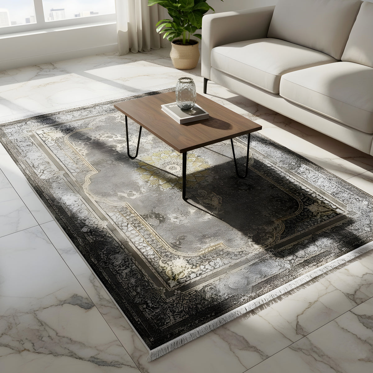 Teppich 170x240 cm mit Vintage-Muster, goldene Bordüre und graue Schattierung