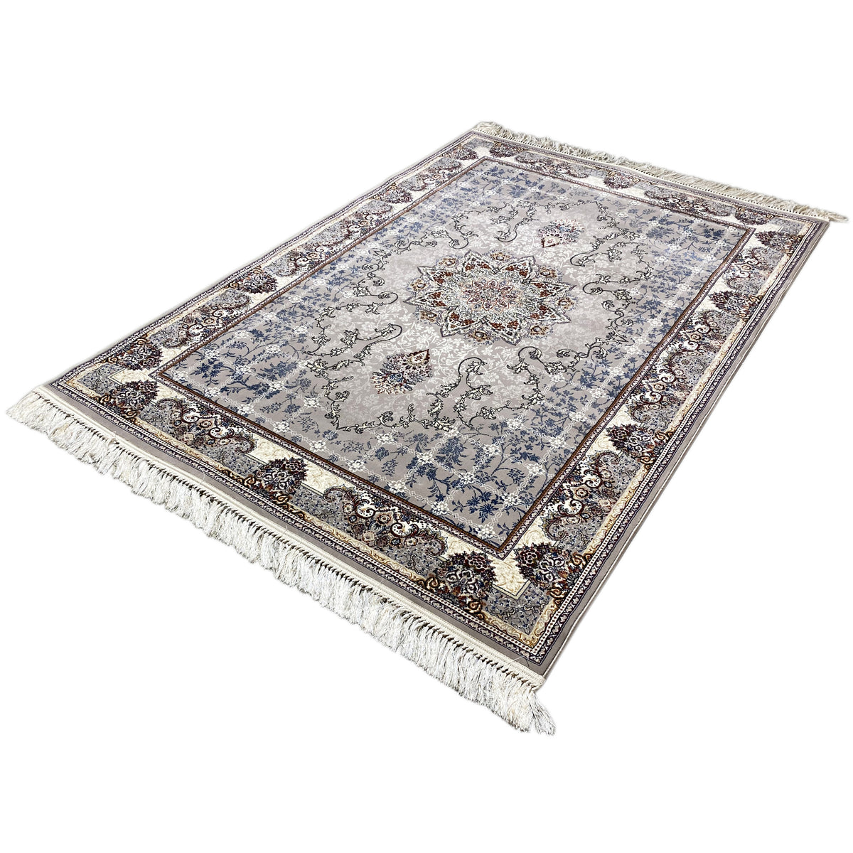 Teppich mit hellem Medaillon im Ornament-Design, blau-grau, brauner Bordüre und Fransen