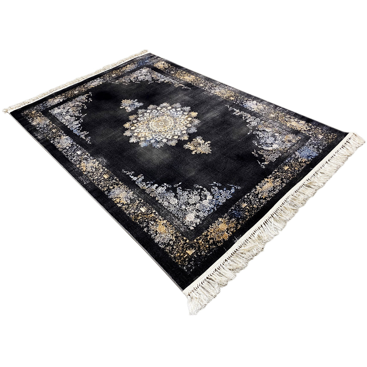 Teppich aus dunklem Stoff mit Geodesign-Motiven in Gold und Silber, Fransen