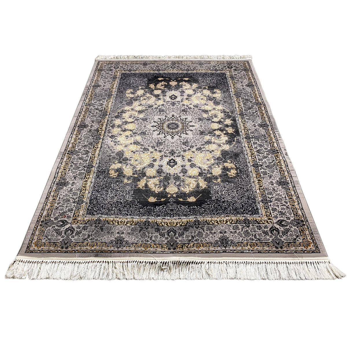 Teppich 160x230 im Stand, dunkelgrau mit floralen Medaillons, goldbeige Linien und Fransen