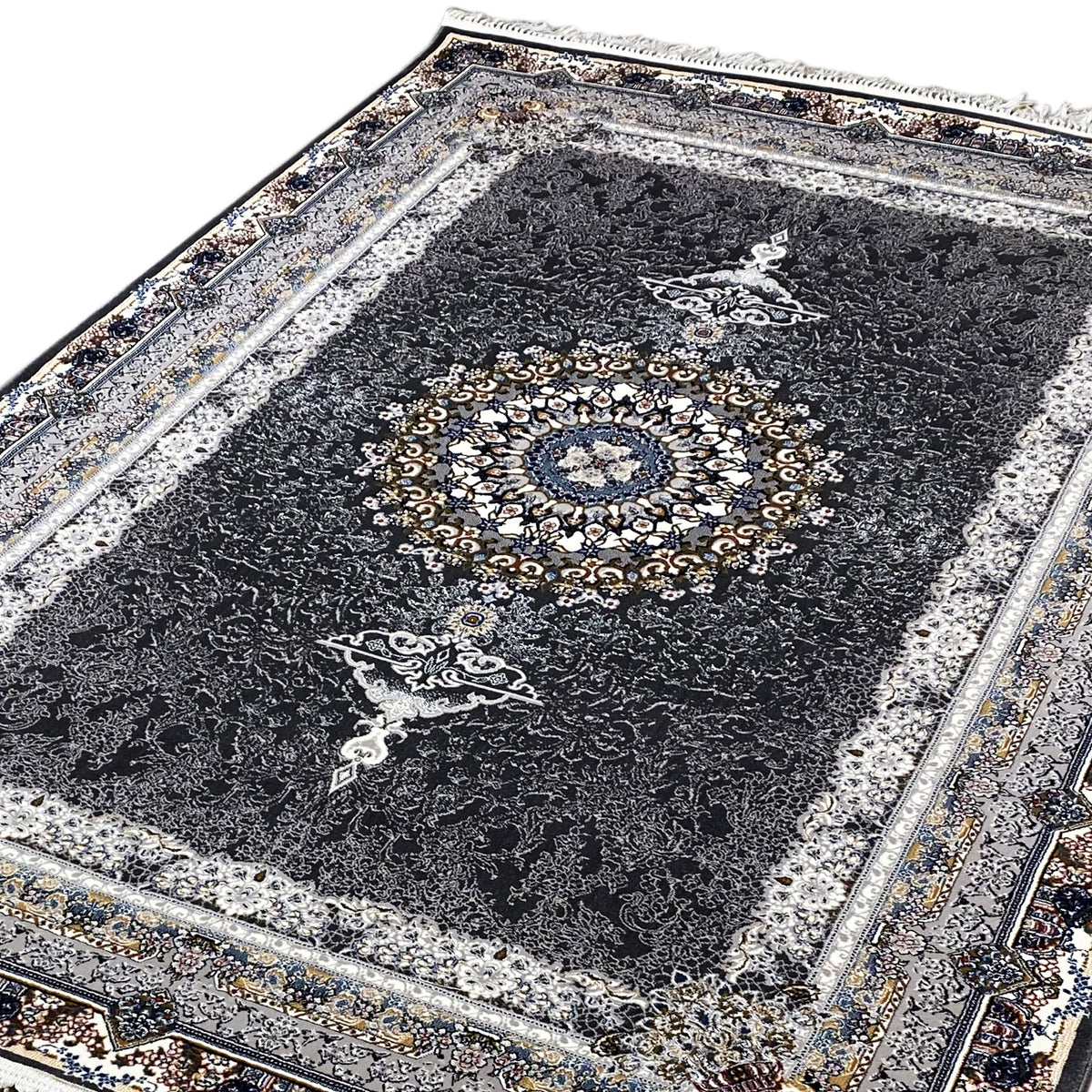 Orientteppich Schwarz mit Detail-Ornamenten, goldenem Medaillon und breiten Zierkanten