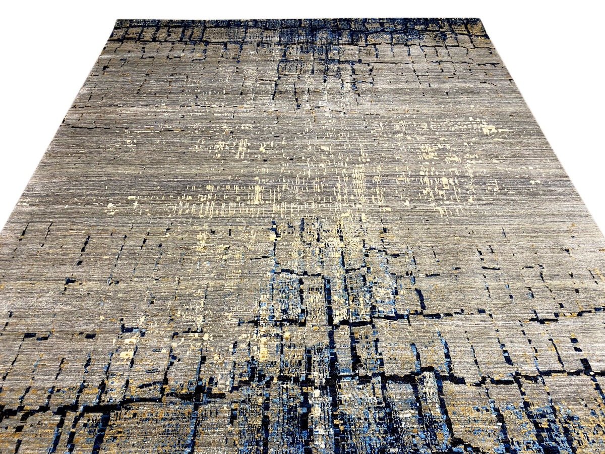 Handgeknüpfter Teppich in Hellgrau mit dichtem abstraktem Blau-Muster