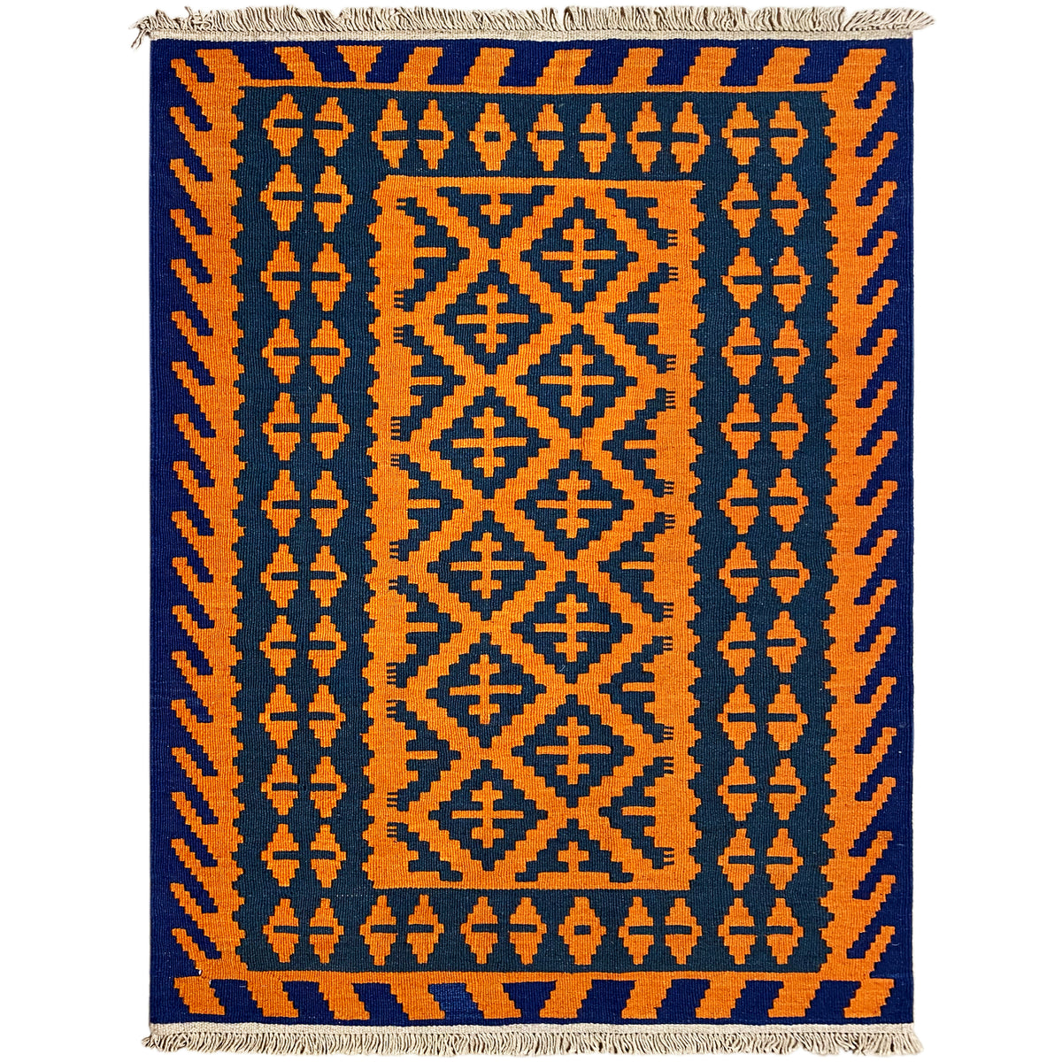 Kelim-Teppich mit Mittelornament und Randornamenten in Orange und Dunkelblau, Fransen