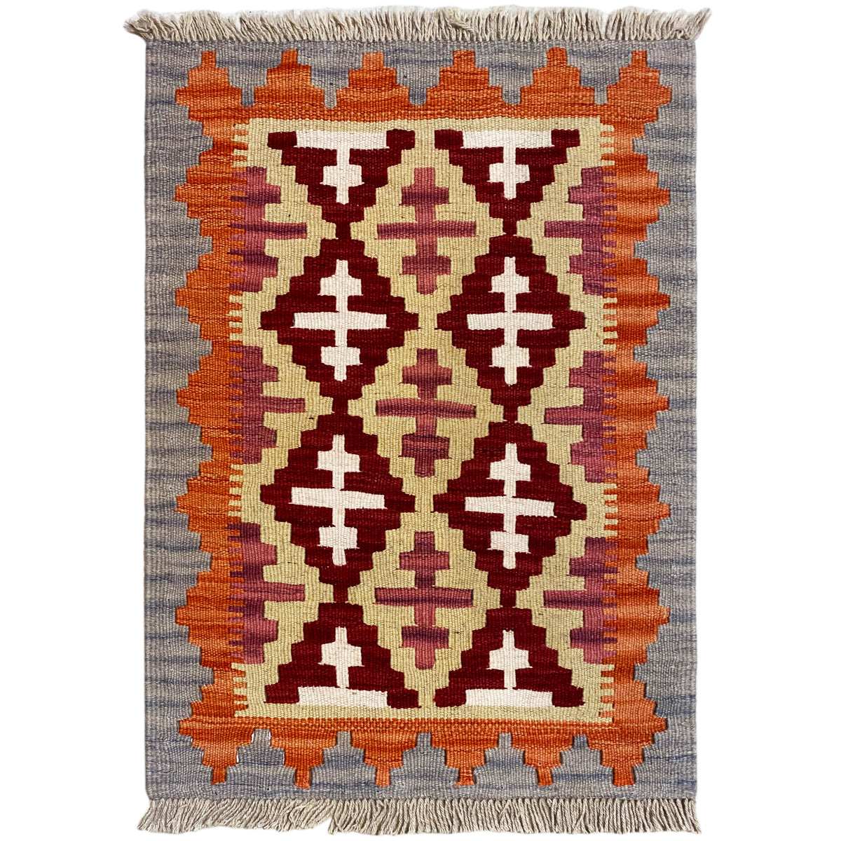 Kelim-Teppich rechteckig mit geometrischen Ornamenten in Orange, Creme und Dunkelrot