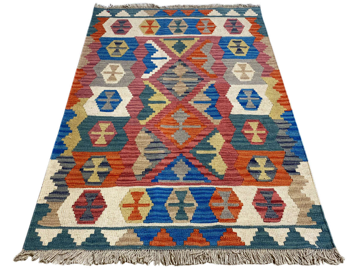 Qashqai-Kelimteppich in Blau, Beige und Orange mit geometrischem Mittelmotiv