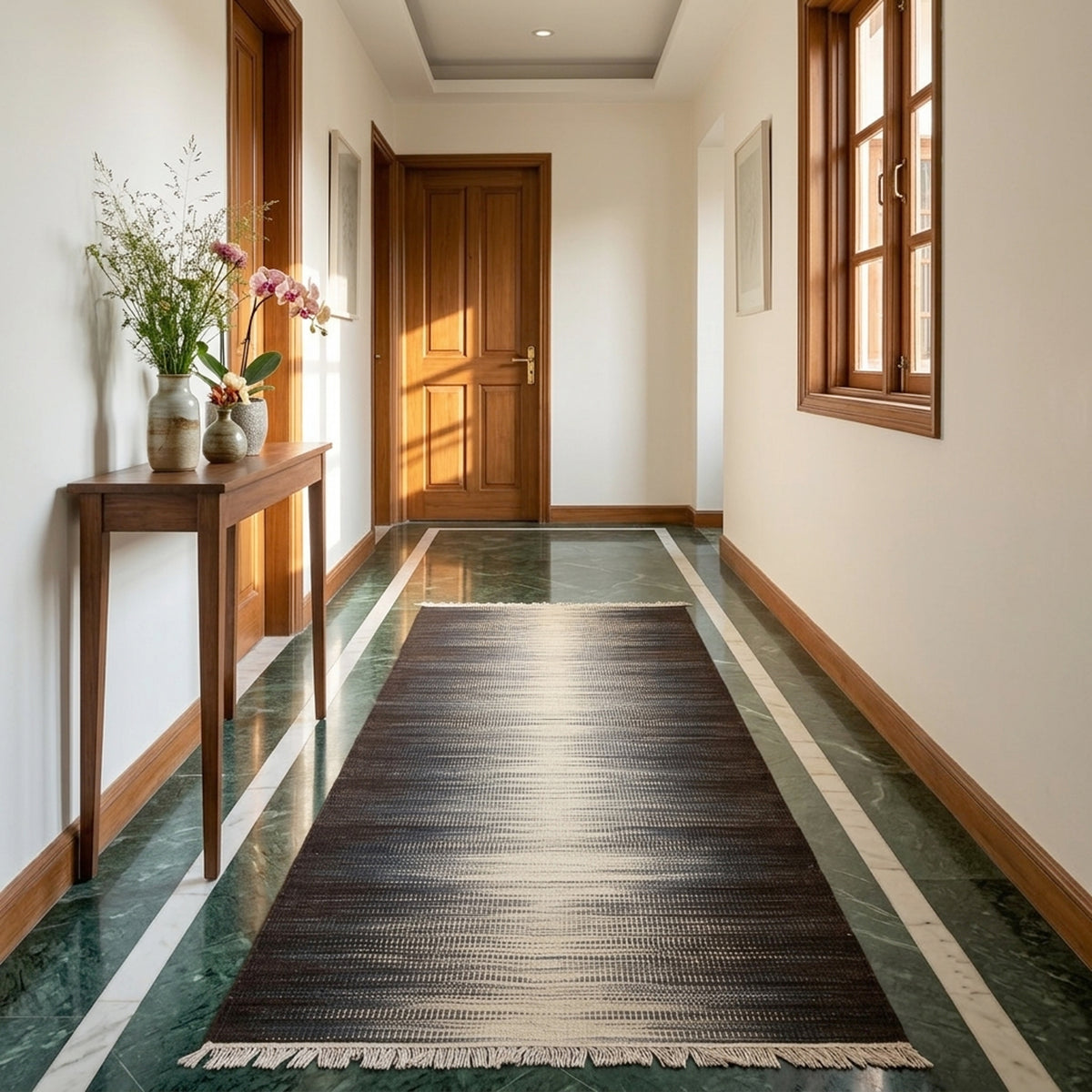 Kelim Teppich im Flur, gestreiftes Design in Dunkelbraun und Beige mit Fransen