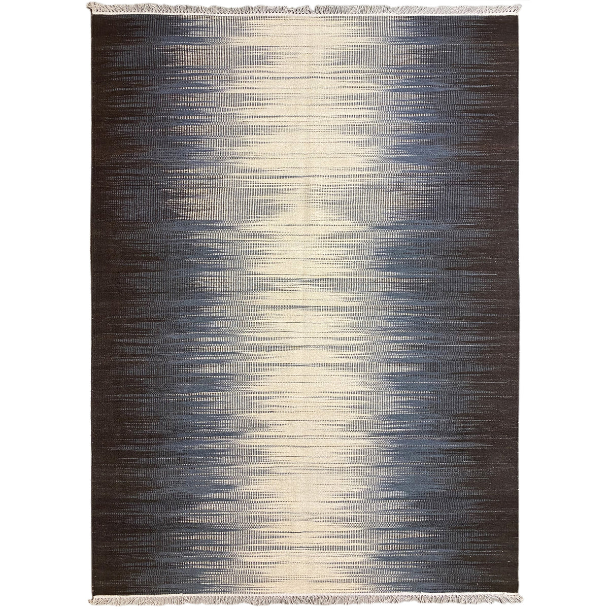 Kelim-Teppich (170x240 cm) dunkelgrau mit beigen Streifen und Fransen