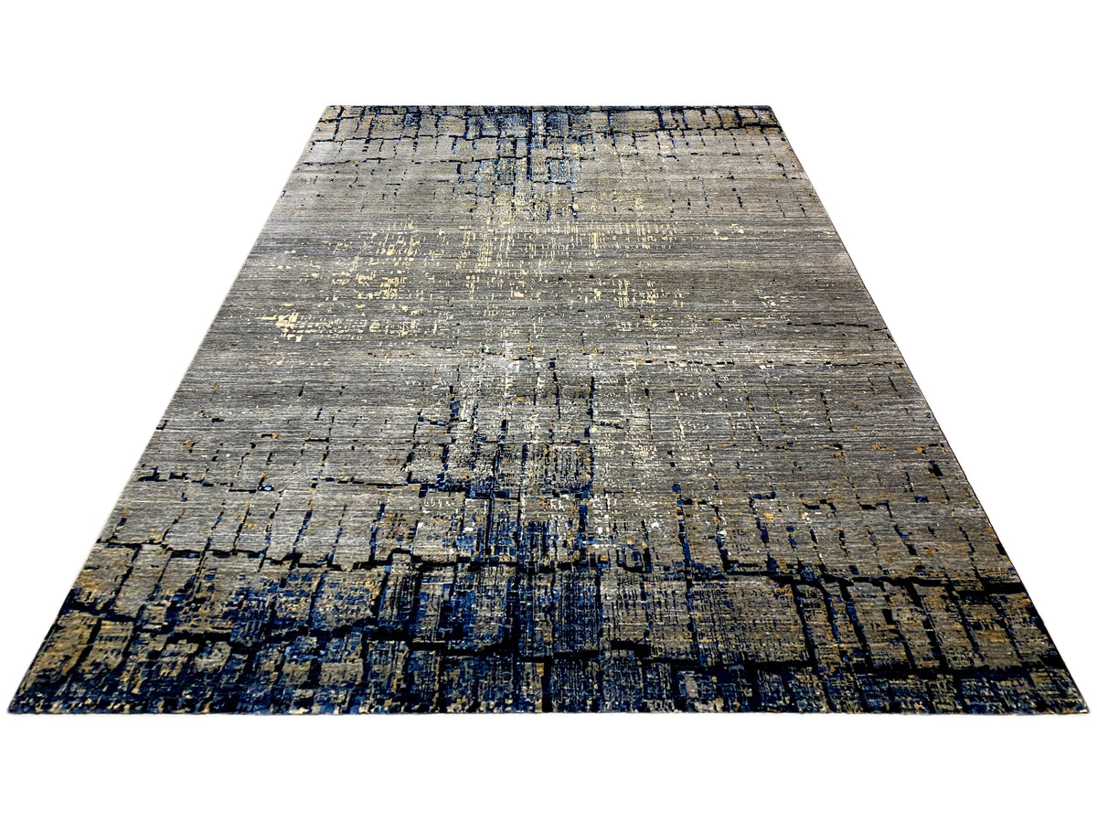 Handgeknüpfter Teppich, rechteckig, grau-beige abstrakt mit dunkelblauen Linien