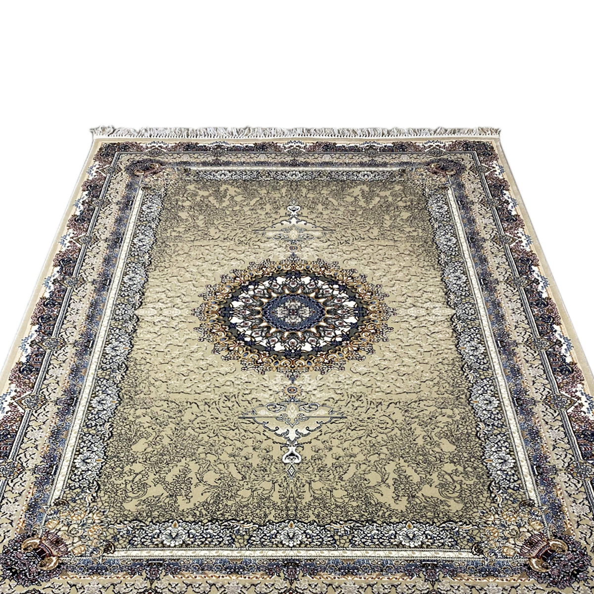 Medaillon-Teppich 160x230 mit beigem Grund, blauem Mittelmedaillon und Fransen