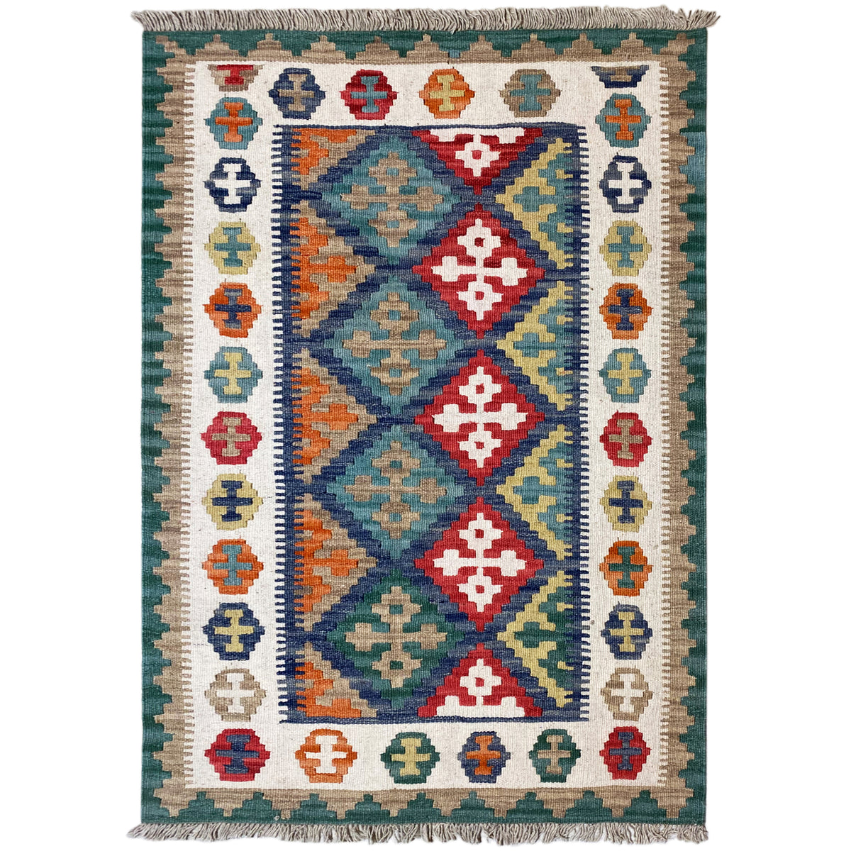 Kelim-Teppich mit breitem Rahmen aus Ornamenten, mittlerem Rautenfeld und Fransen