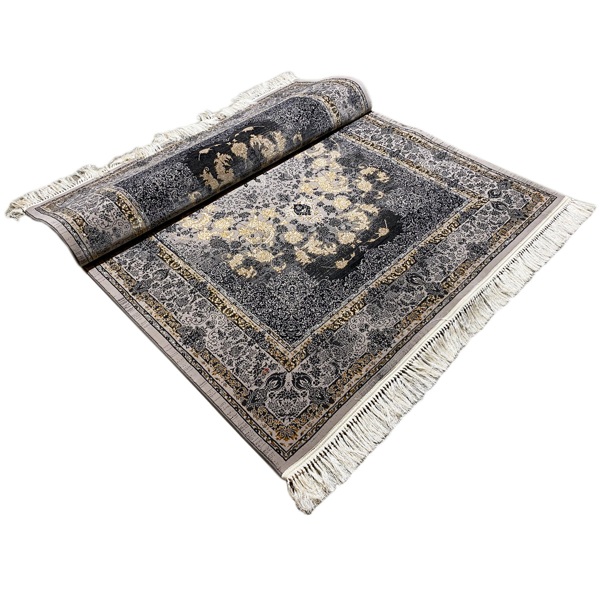 Teppich 160x230 als gerollte Auflage, dunkelgraues Ornamentmuster mit Fransen