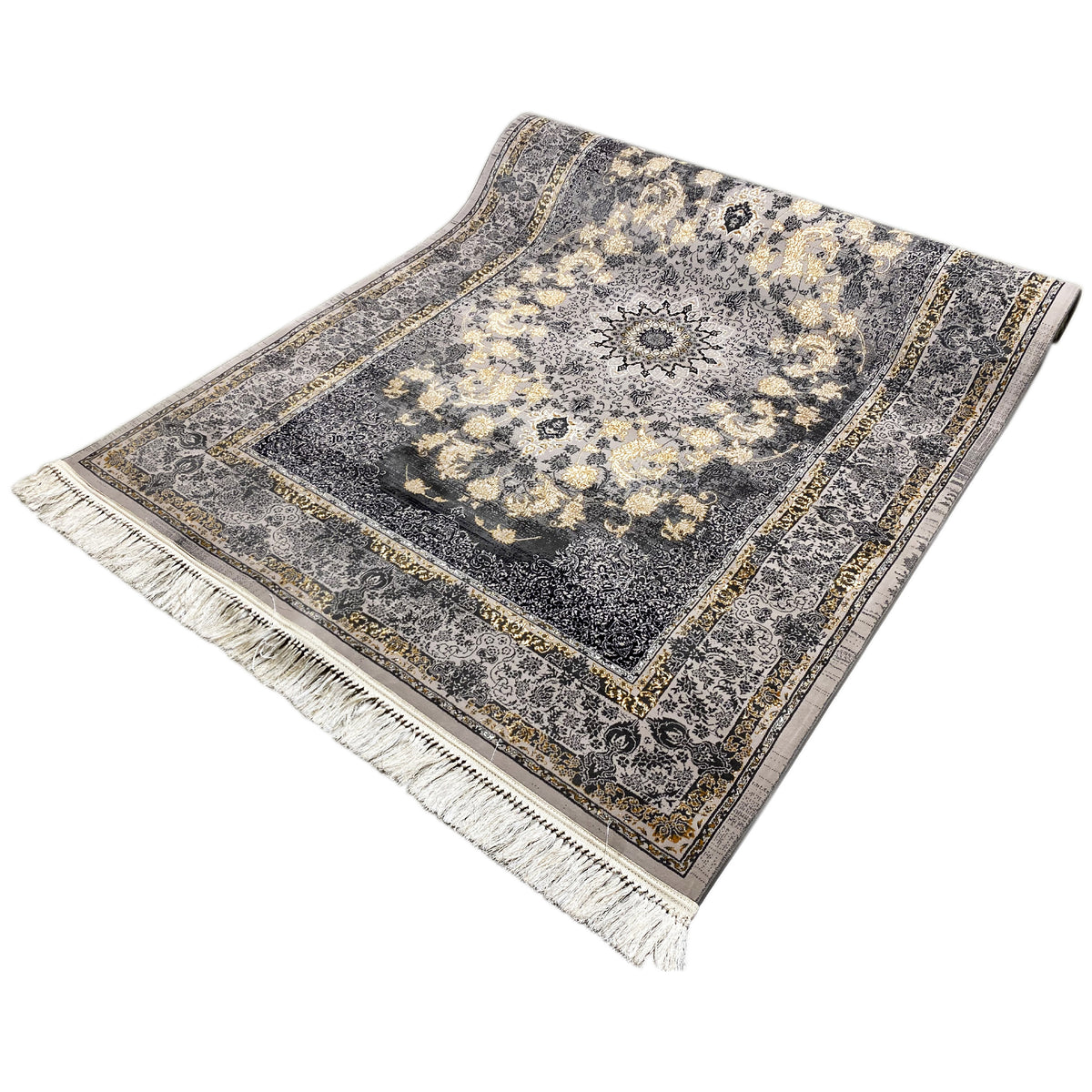 Medaillon-Teppich 160x230 schräg, dunkelgrau-goldbeiges Muster, bestickte Bordüre, Fransen