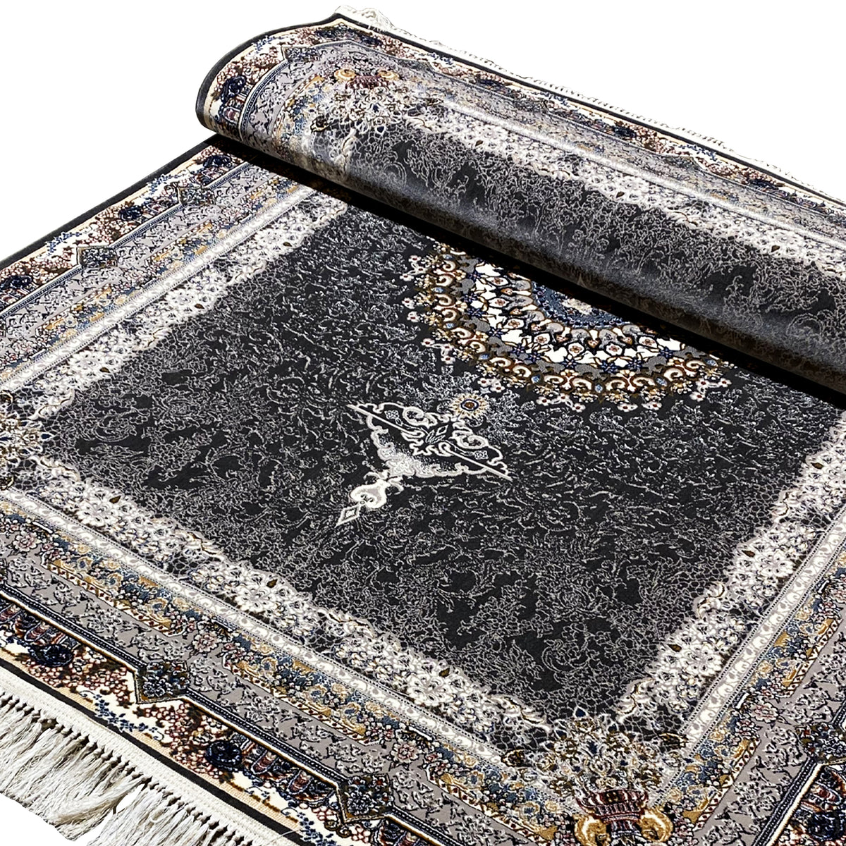 Orientteppich Schwarz gerollt, mit silbernen Linien, goldenem Medaillon und Zierborten
