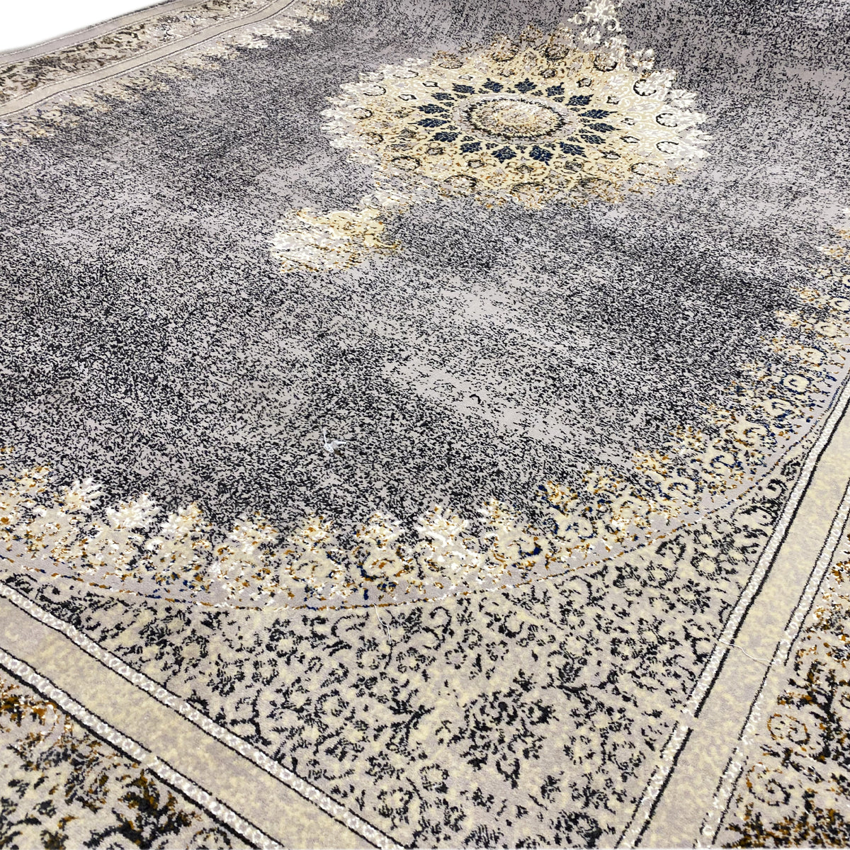 Teppich-Mittelteil mit Medaillon, grau meliert, gold-beige Ornamentik, klare Bordüre