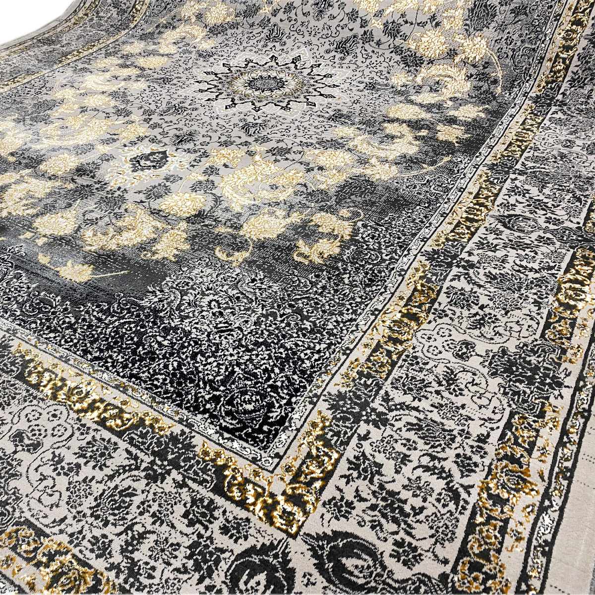 Detailansicht Teppich 160x230: Bordürenmuster, dunkelgrau mit goldbeigen Akzenten