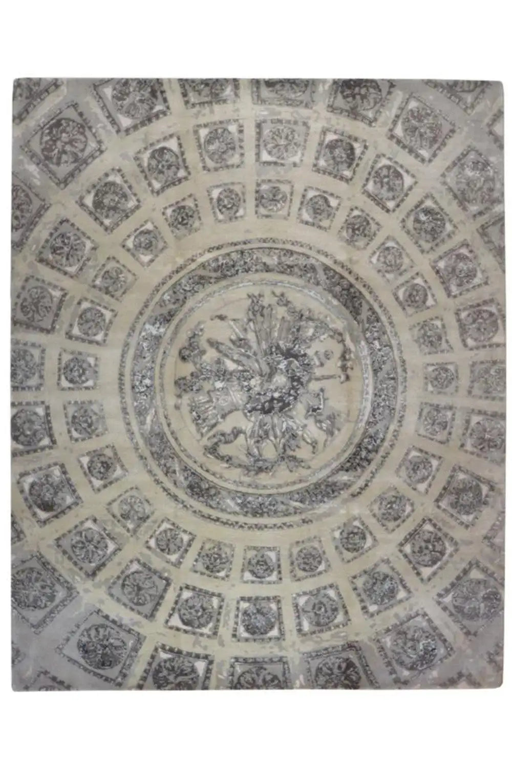 Teppich 313x252 cm mit rundem Ornament-Medaillon und geometrischem Muster, grau-weiß