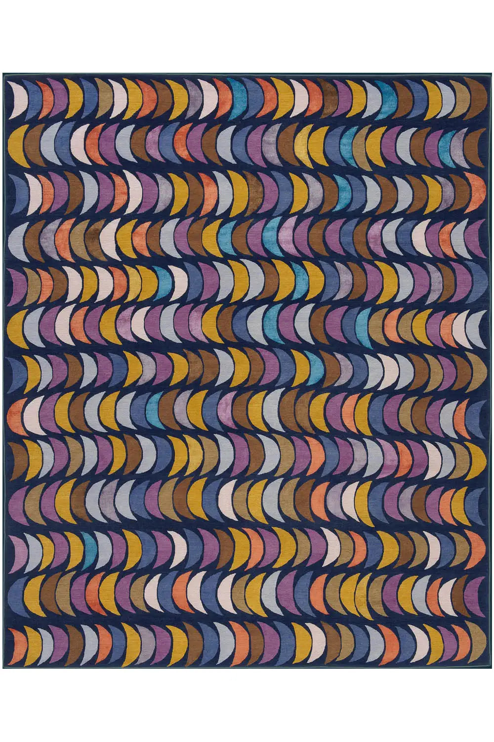 Rechteckiger Teppich mit abstraktem Wellenmuster in Blau, Gelb und Violett, frontal