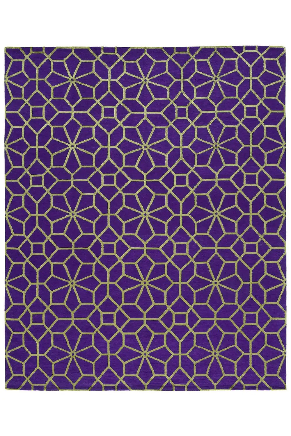 Designer-Teppich, rechteckig, lila Fläche mit geometrischem Gitter in Gelbgrün