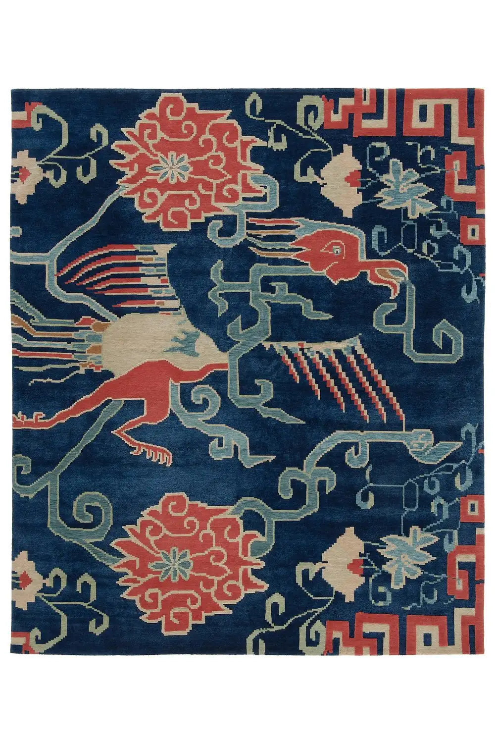 Bo Hamsa-Teppich 304x253 cm: vollständige Vorderansicht mit blauem, ornamentalem Design