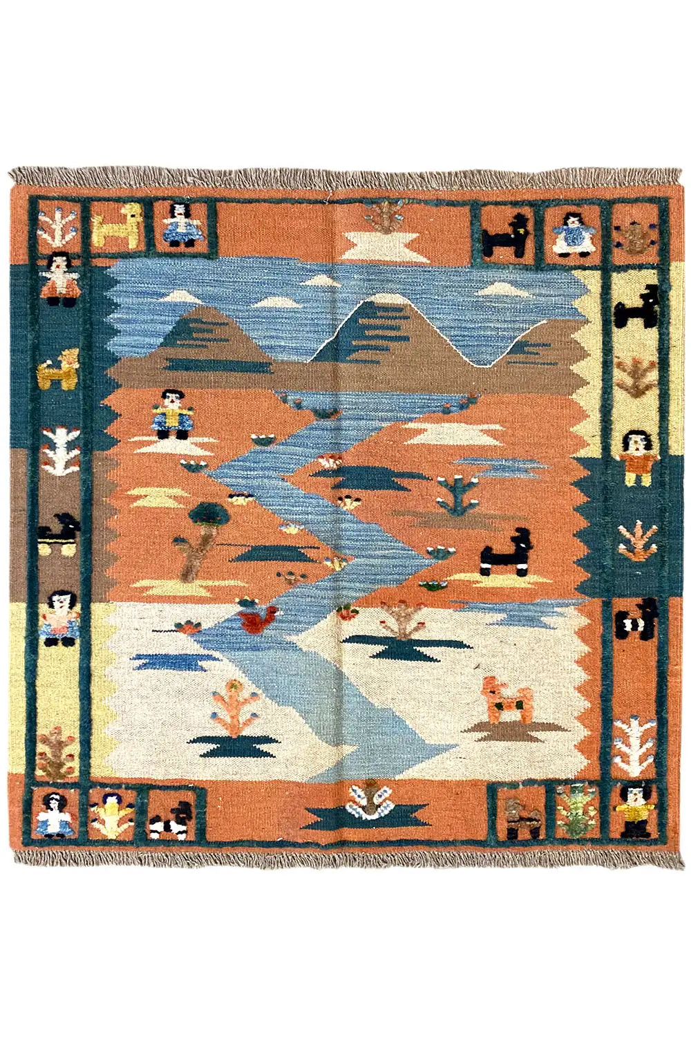 Kilim-Teppich mit figürlichen Motiven in Blau, Braun und Beige, umrahmt mit Zierrand