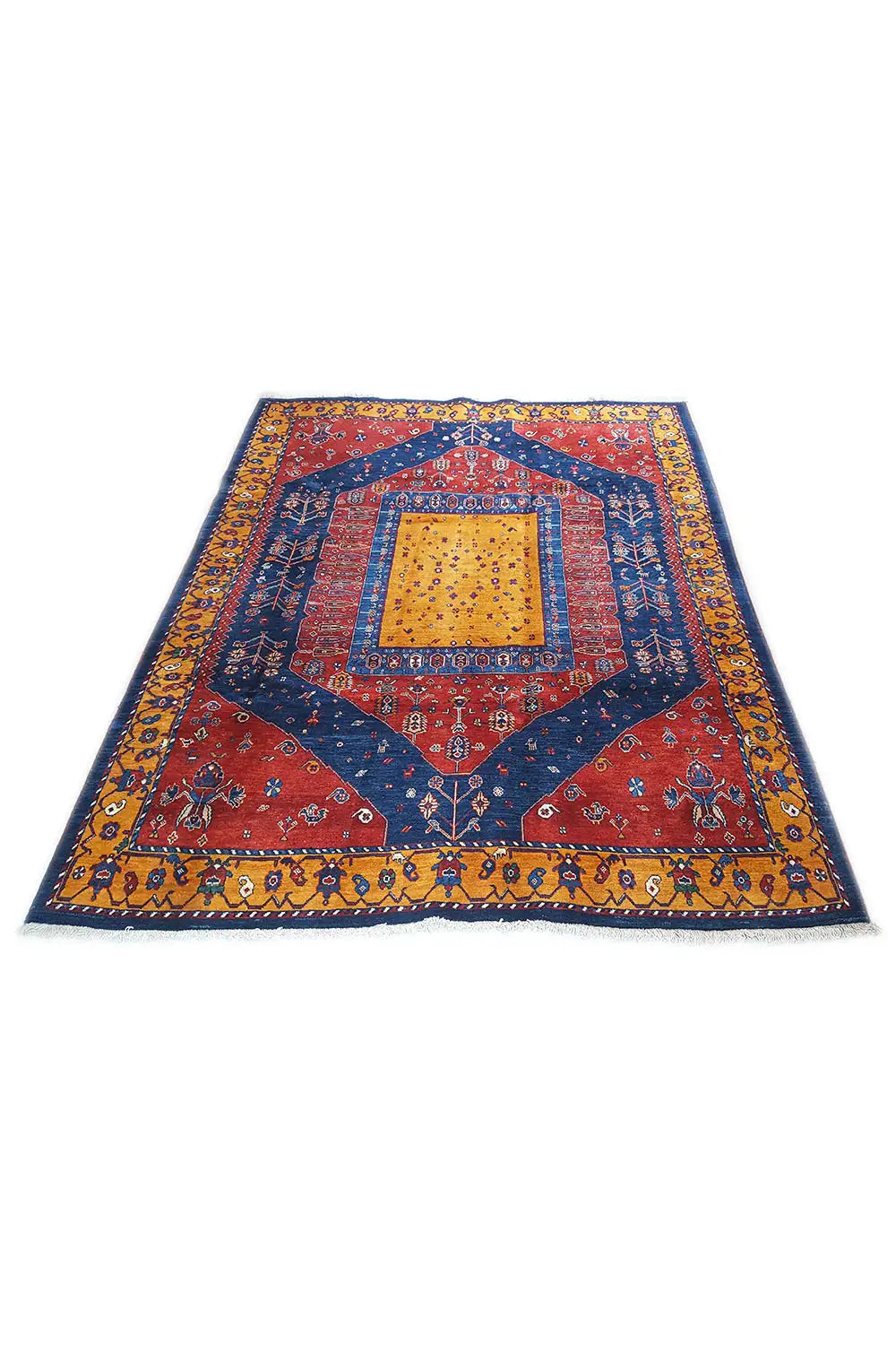 Gabbeh-Teppich mit rotem, blauem und gelbem Medaillonmuster, kurze Fransen.