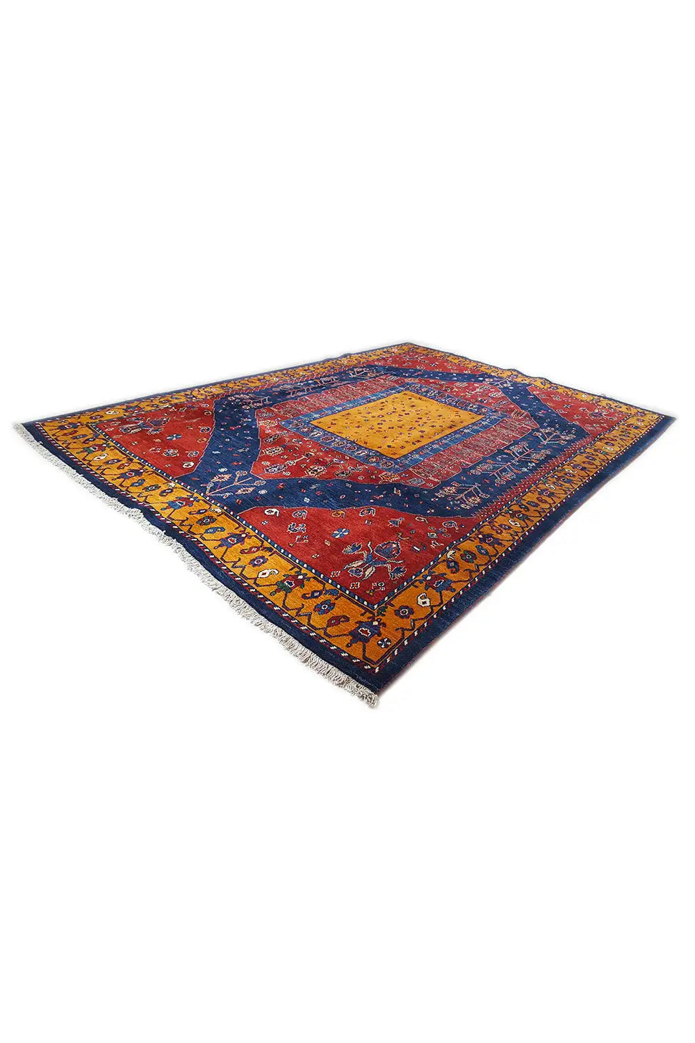 Gabbeh-Teppich diagonal: blau-rotes Ornamentmuster mit gelbem Mittelmedaillon, Fransen.
